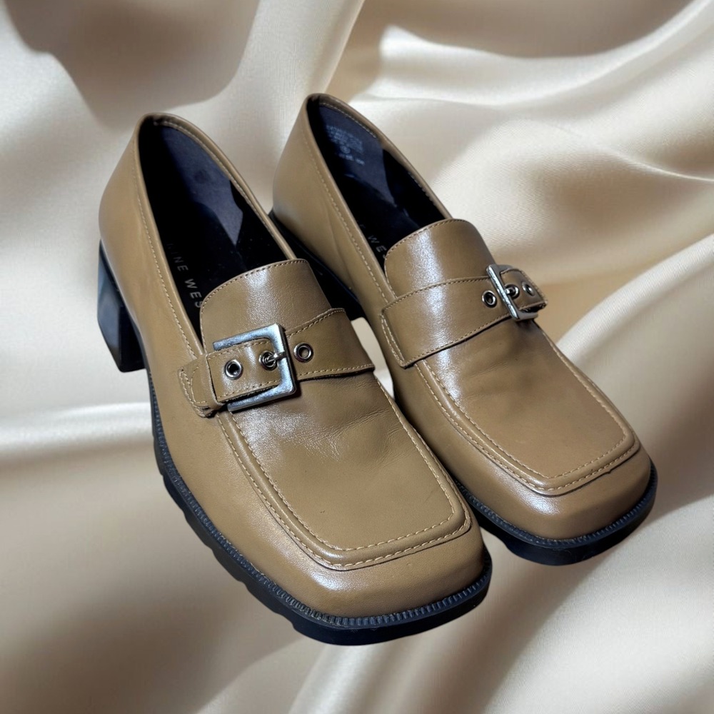 Nine West Brown Leather Buckle Loafers Block Heel Shoes Size 10